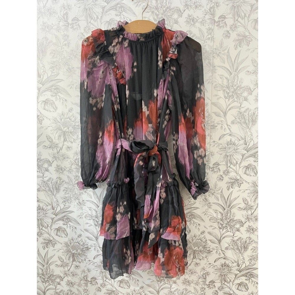 Unsubscribed Silk Ruffle Mini Dress Floral Grey Shadow Long Sleeve Sz 4 NWT